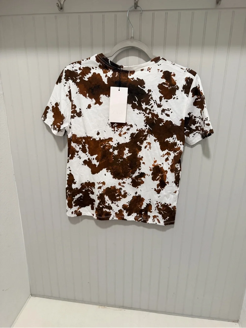 Zara Brown and White Cow-Print Short Sleeve Tee